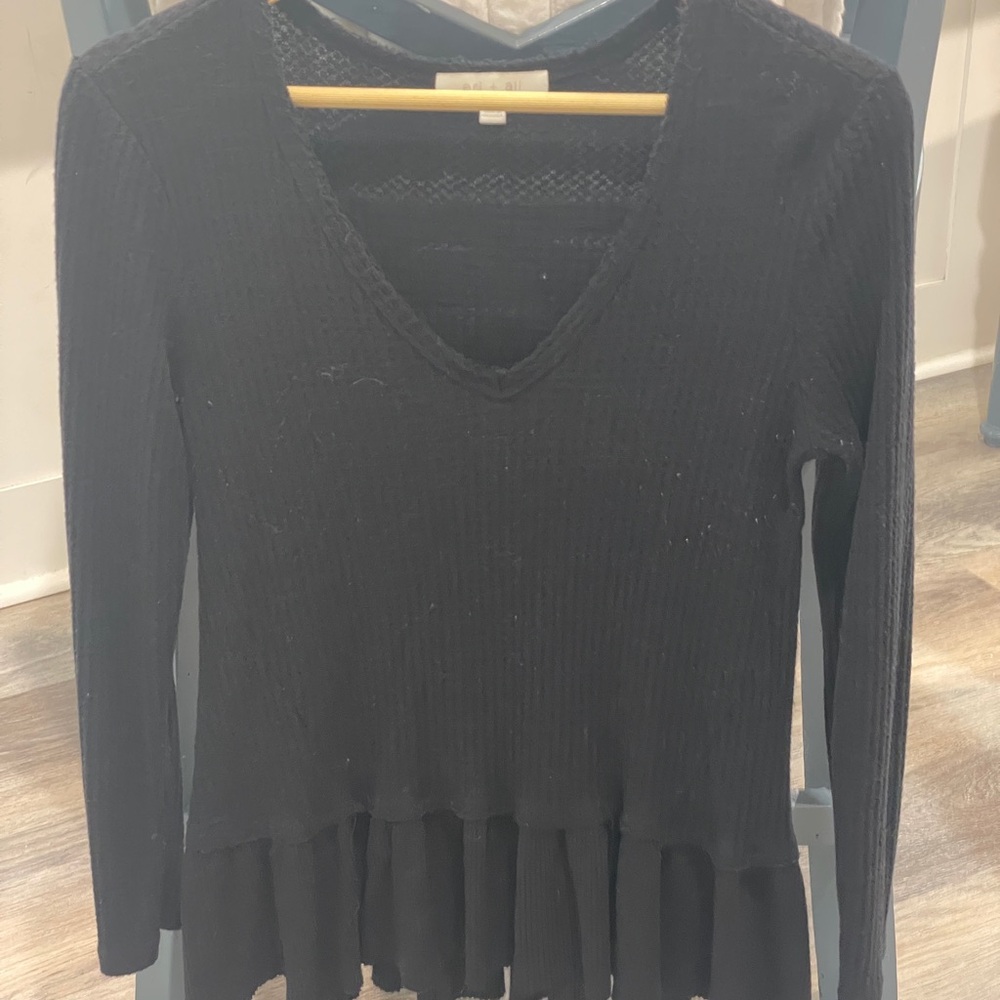 Anthropologie Eri + Ali Black V-Neck Peplum WaffleT